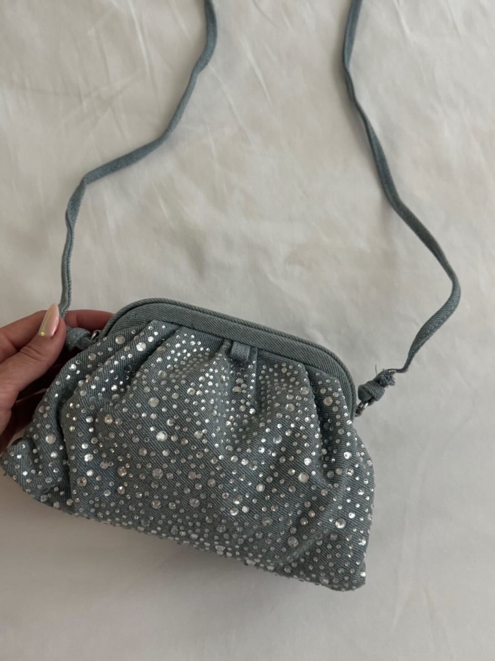 Zara Embellished Blue Ruched Clutch Bag
